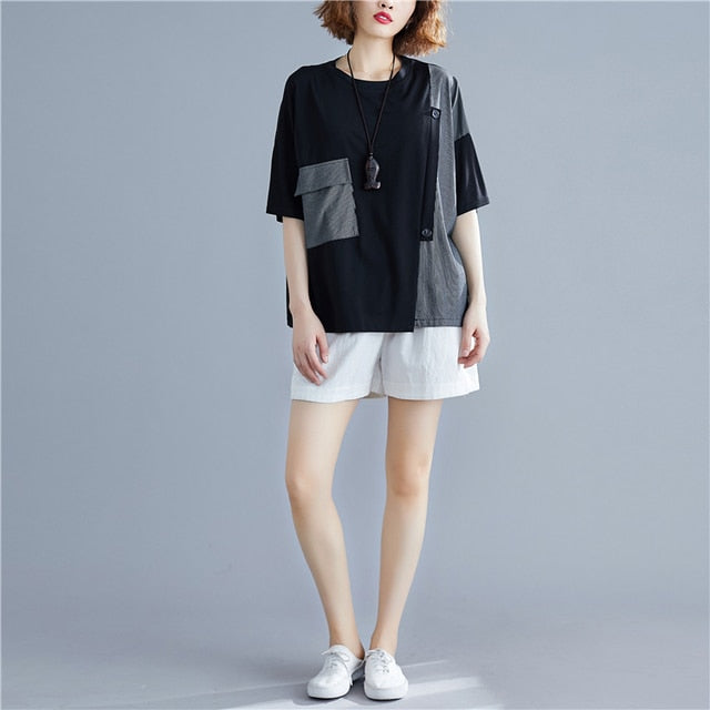Striped Patchwork Loose Casual Tops Short Sleeve