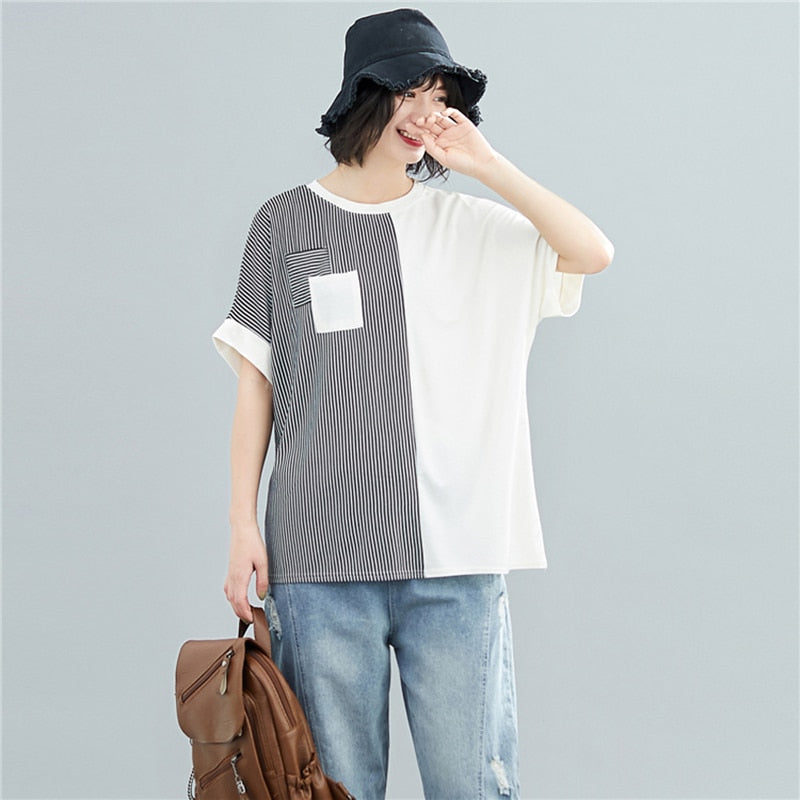Striped Patchwork Loose Casual Tops Short Sleeve
