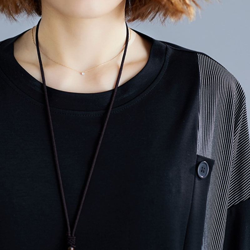 Striped Patchwork Loose Casual Tops Short Sleeve