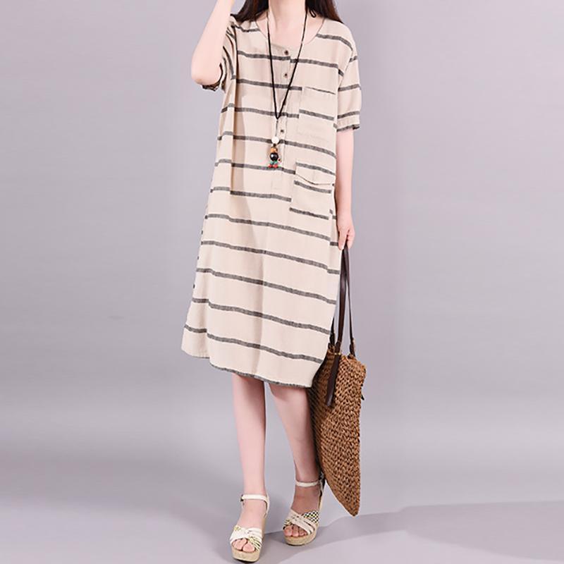 Striped Short Sleeve Elegant Round Collar Dress - Omychic