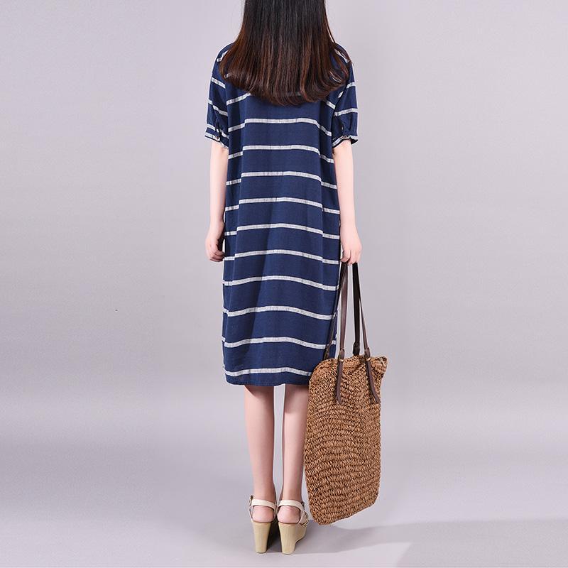Striped Short Sleeve Elegant Round Collar Dress - Omychic