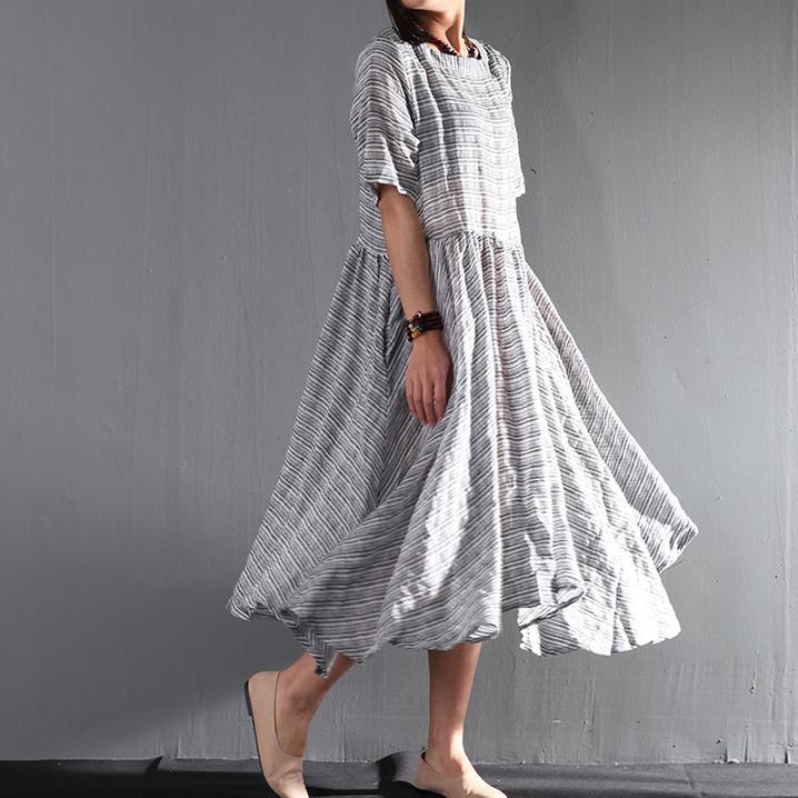 Striped gray flown linen sundress long causal summer maxi dresses oversize - Omychic