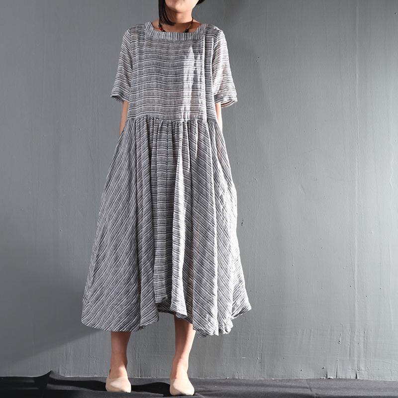 Striped gray flown linen sundress long causal summer maxi dresses oversize - Omychic