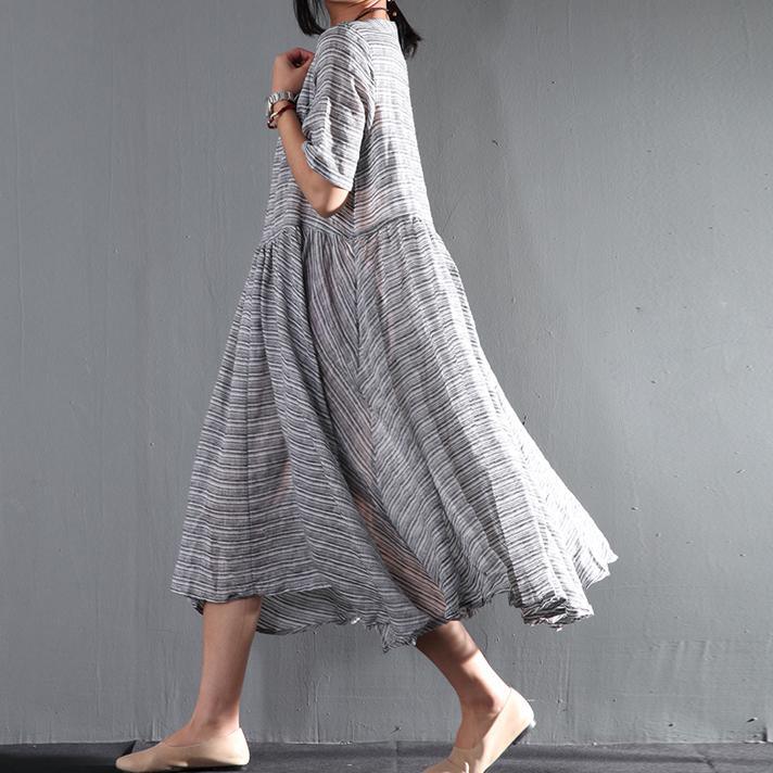 Striped gray flown linen sundress long causal summer maxi dresses oversize - Omychic