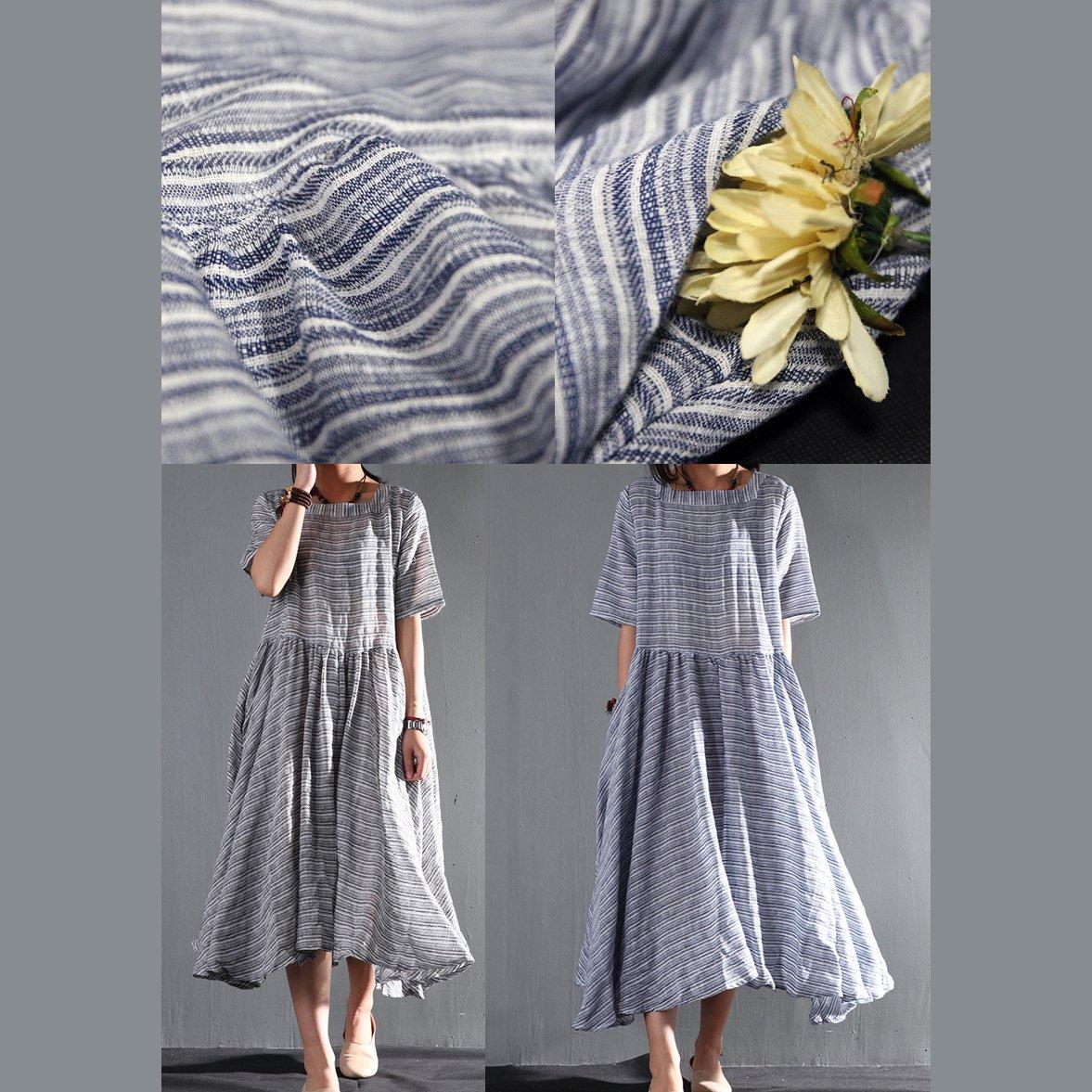 Striped gray flown linen sundress long causal summer maxi dresses oversize - Omychic