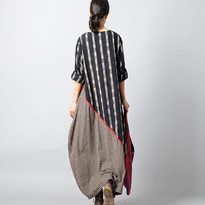 Retro Striped Plaid Spliced Irregular Cotton Linen Dress