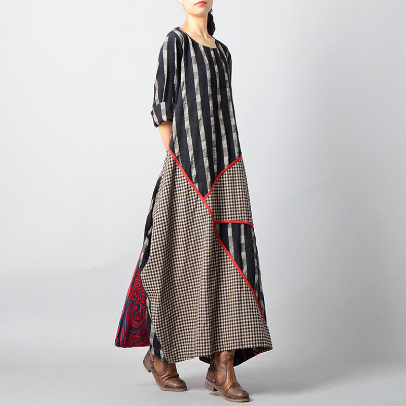 Retro Striped Plaid Spliced Irregular Cotton Linen Dress