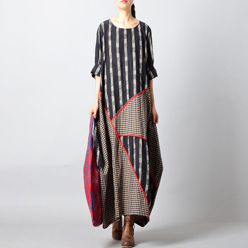 Retro Striped Plaid Spliced Irregular Cotton Linen Dress