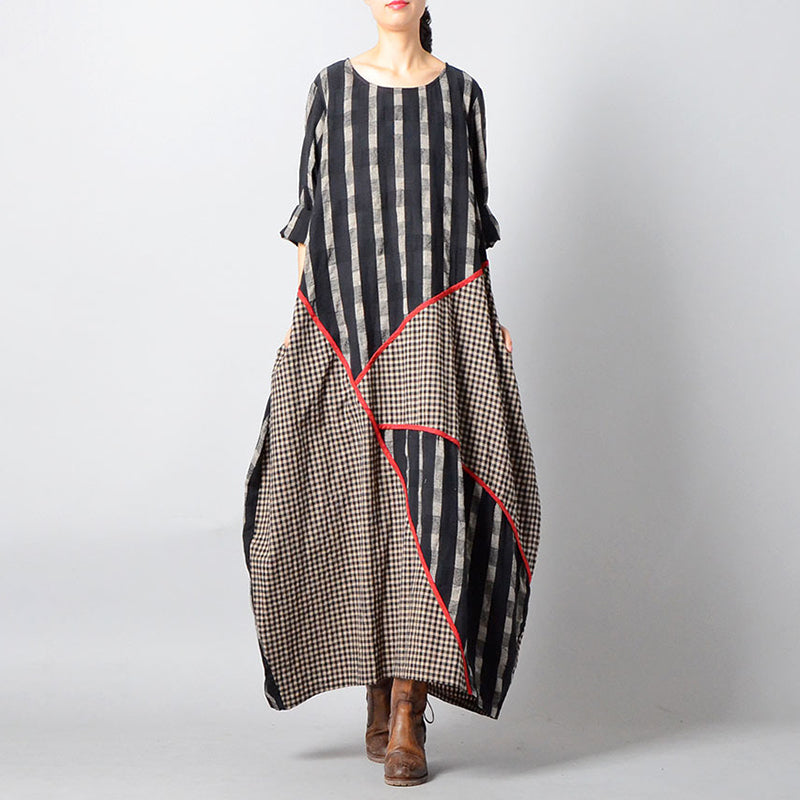 Retro Striped Plaid Spliced Irregular Cotton Linen Dress