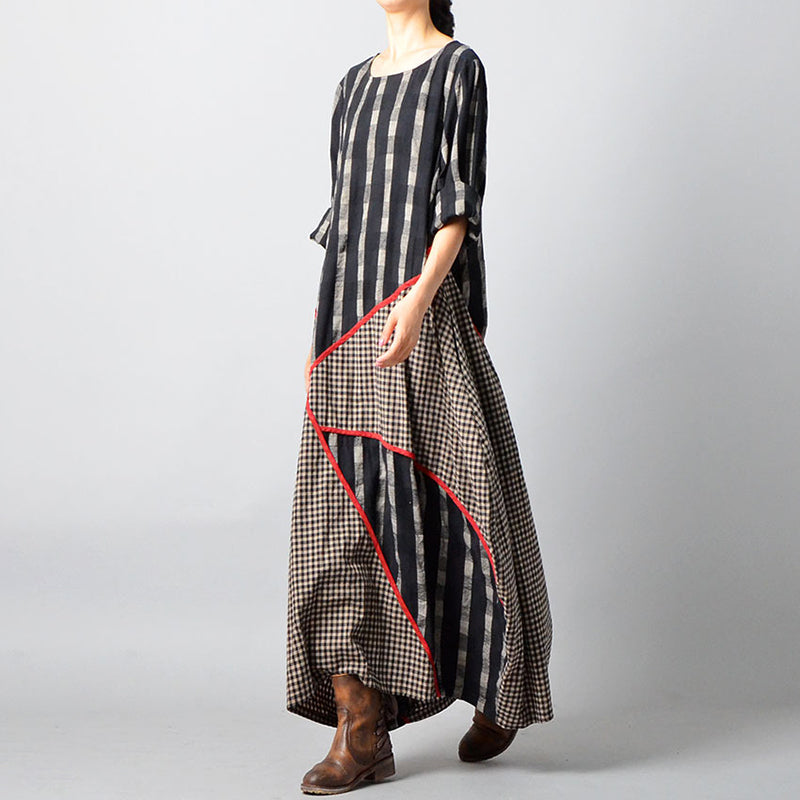 Retro Striped Plaid Spliced Irregular Cotton Linen Dress