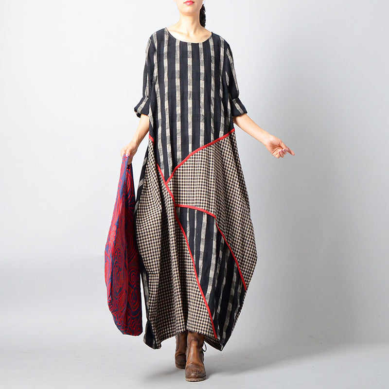 Retro Striped Plaid Spliced Irregular Cotton Linen Dress