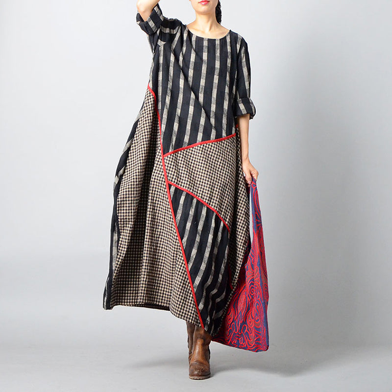 Retro Striped Plaid Spliced Irregular Cotton Linen Dress