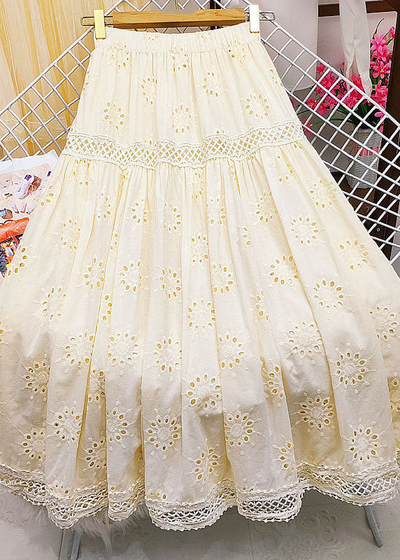 Style Apricot Embroidered Patchwork Lace Hollow Out Cotton Skirt Summer