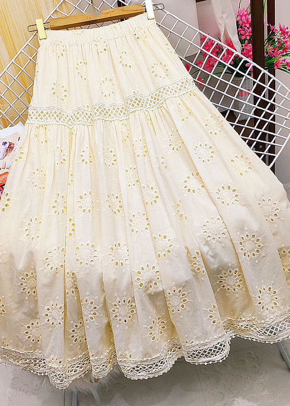 Style Apricot Embroideried Patchwork Lace Hollow Out Cotton Skirt Summer