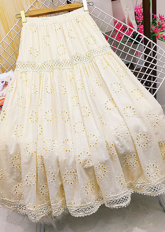 Style Apricot Embroidered Patchwork Lace Hollow Out Cotton Skirt Summer