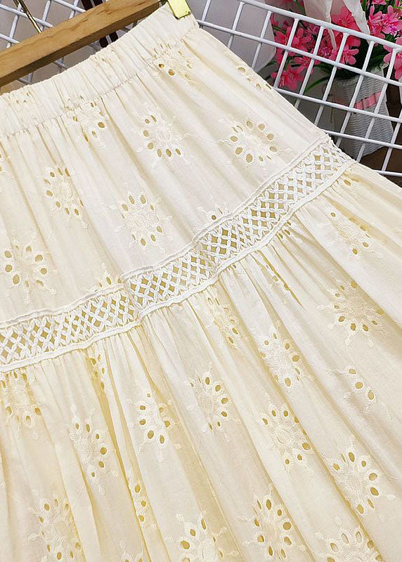 Style Apricot Embroidered Patchwork Lace Hollow Out Cotton Skirt Summer