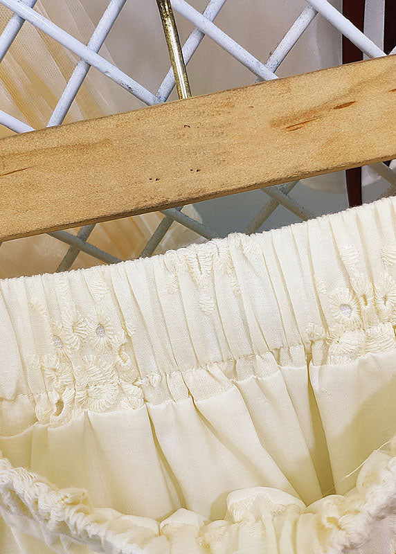 Style Apricot Embroidered Patchwork Lace Hollow Out Cotton Skirt Summer