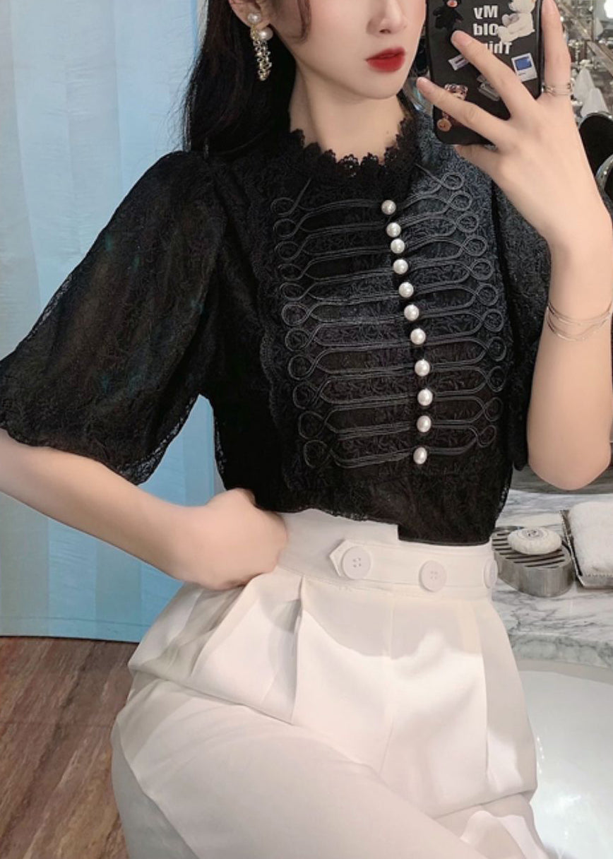 Style Apricot Pearl Button Patchwork Lace Top Puff Sleeve