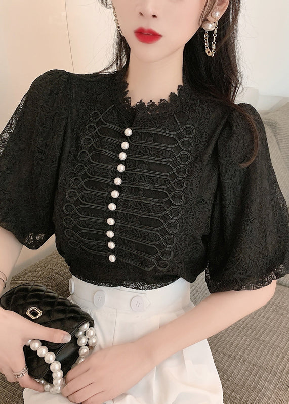 Style Apricot Pearl Button Patchwork Lace Top Puff Sleeve