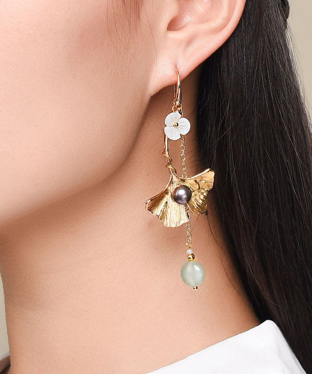 Style Asymmetrical Design Flower 14K Gold Jade Drop Earrings