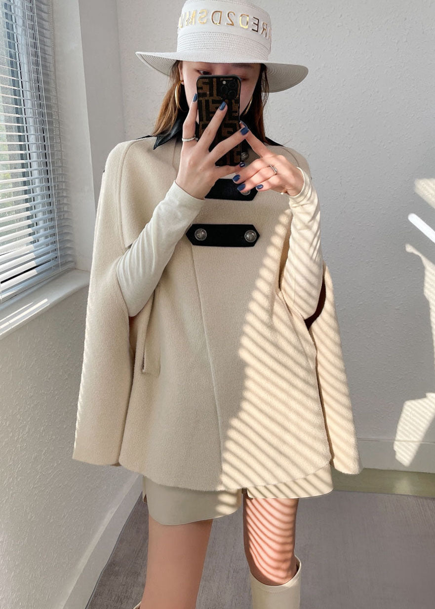 Style Beige Peter Pan Collar Faux Leather Patchwork Woolen Coats Cloak Sleeves