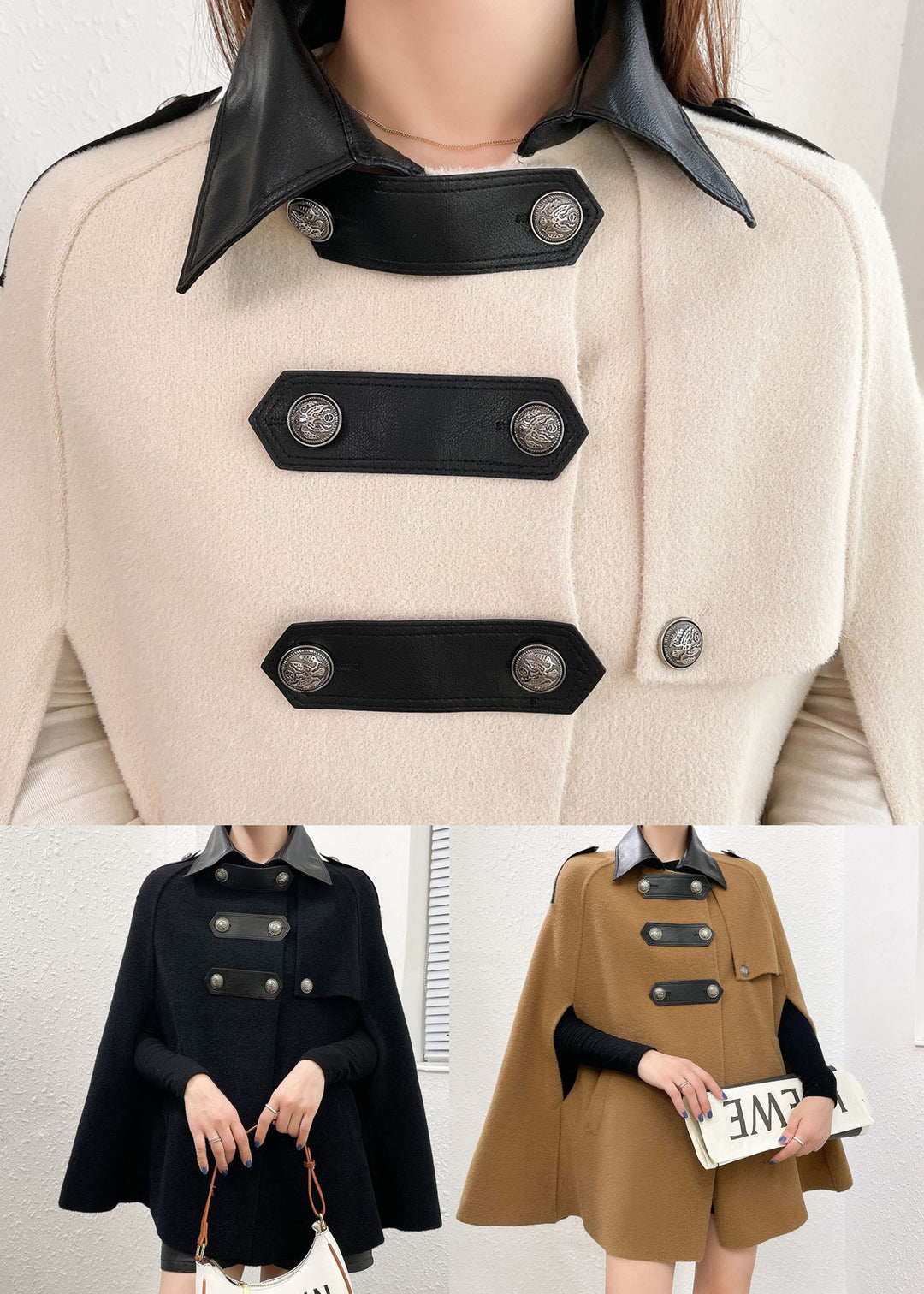 Style Beige Peter Pan Collar Faux Leather Patchwork Woolen Coats Cloak Sleeves