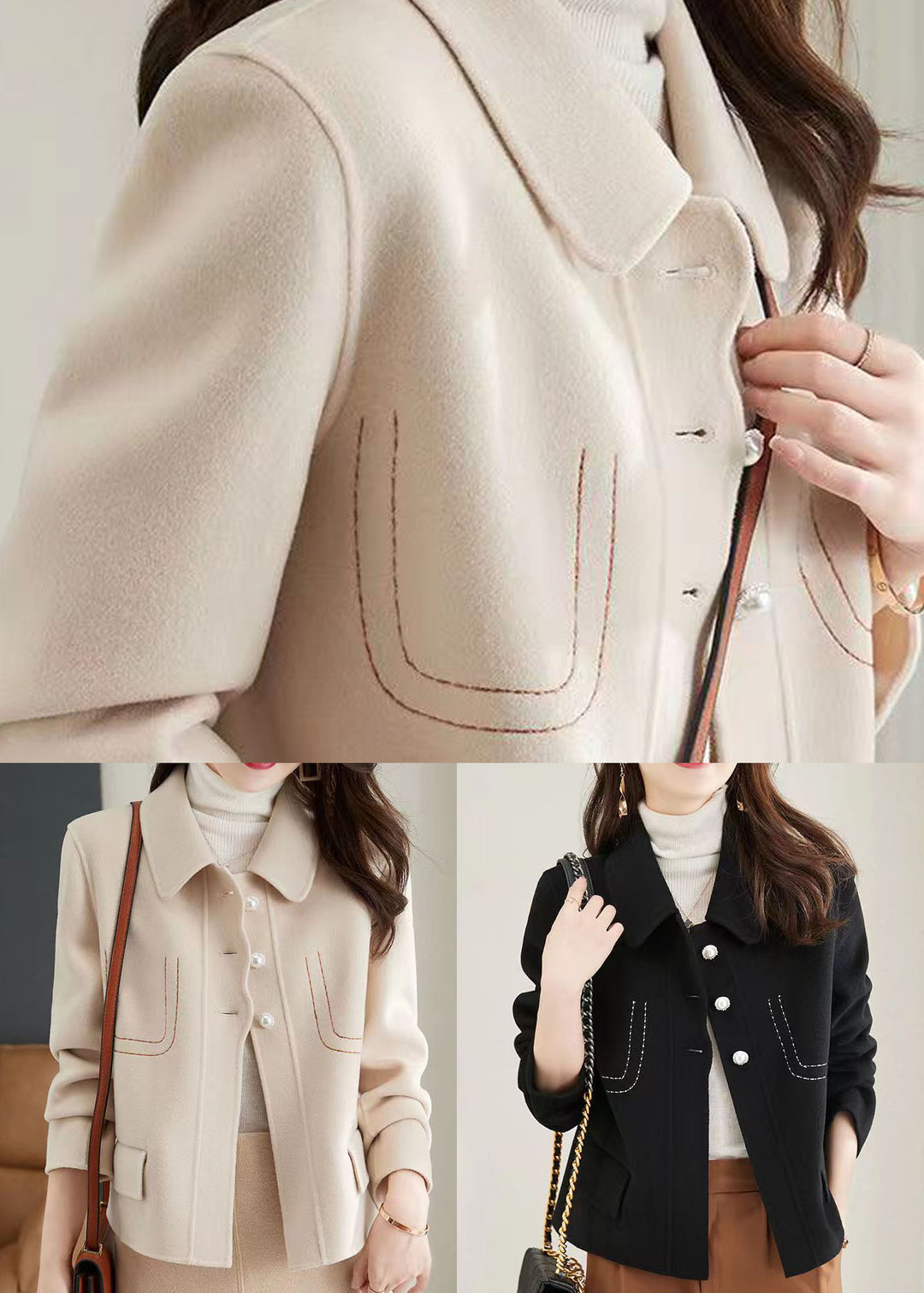 Style Beige Peter Pan Collar Patchwork Woolen Jacket Fall