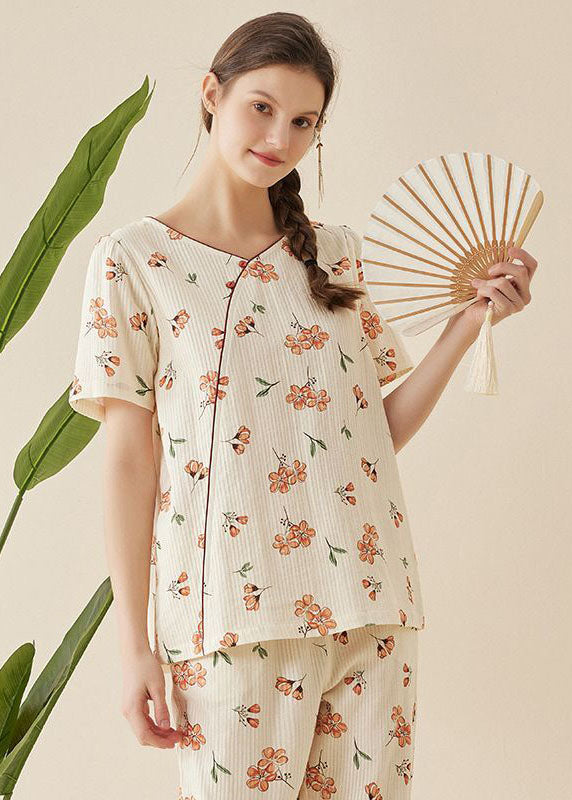 Style Beige V Neck Patchwork Print Cotton Pajamas Two Piece Set Short Sleeve