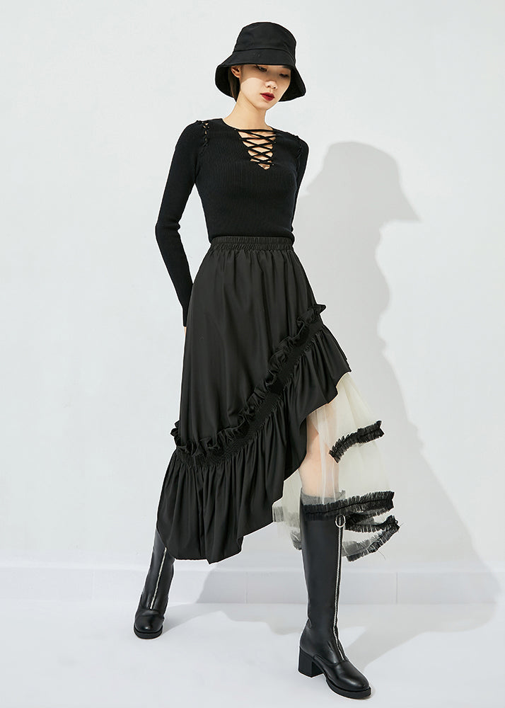 Style Black Asymmetrical Design Tulle Patchwork Ruffled Cotton Skirts Summer