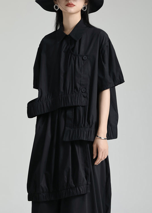 Style Black Asymmetrical Patchwork Cotton Shirt Tops Short Sleeve