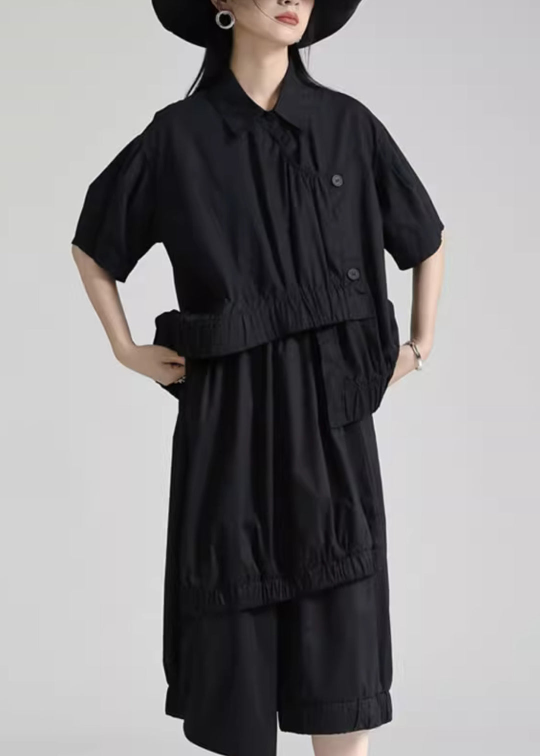 Style Black Asymmetrical Patchwork Cotton Shirt Tops Short Sleeve