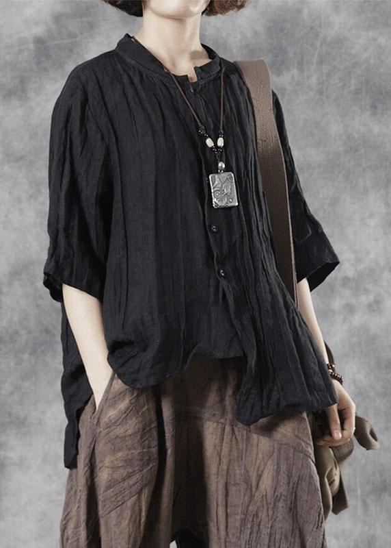 Style Black Button Stand Collar Asymmetrical Design Fall Half Sleeve Blouse Top - Omychic
