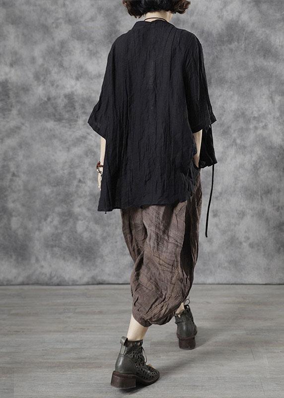 Style Black Button Stand Collar Asymmetrical Design Fall Half Sleeve Blouse Top - Omychic