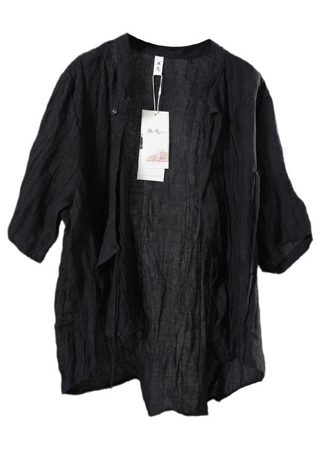 Style Black Button Stand Collar Asymmetrical Design Fall Half Sleeve Blouse Top - Omychic