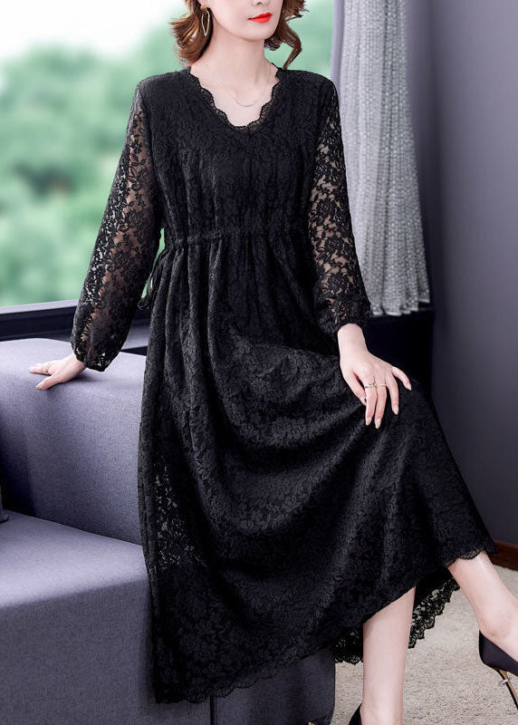 Style Black Elastic Waist Hollow Out Lace Dresses Spring