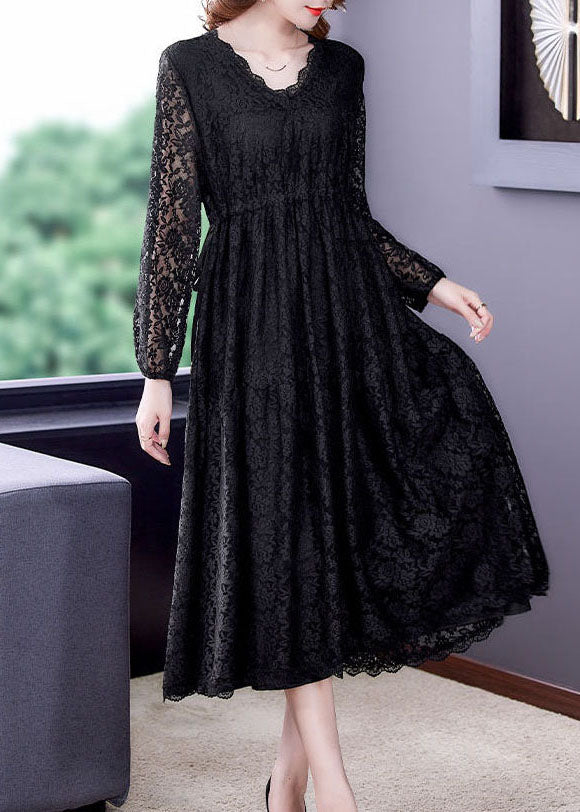 Style Black Elastic Waist Hollow Out Lace Dresses Spring