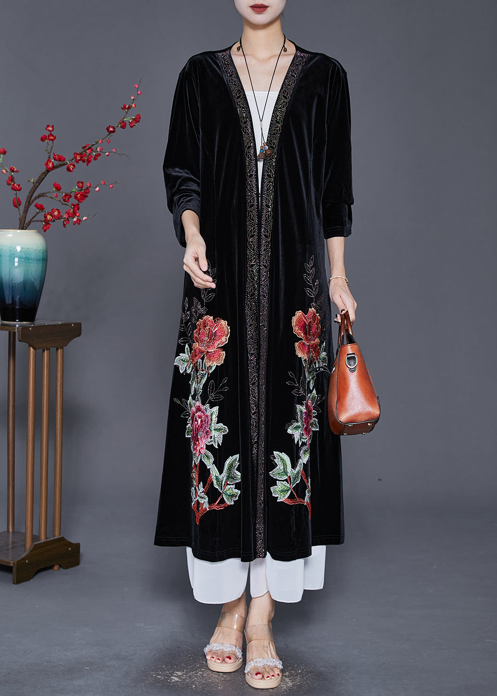 Style Black Embroideried Oversized Silk Velour Long Cardigan Fall