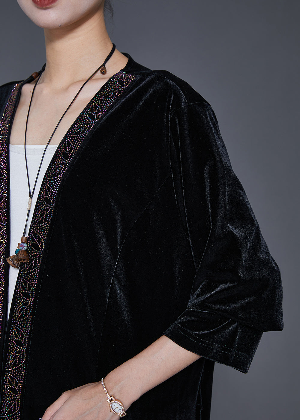 Style Black Embroideried Oversized Silk Velour Long Cardigan Fall
