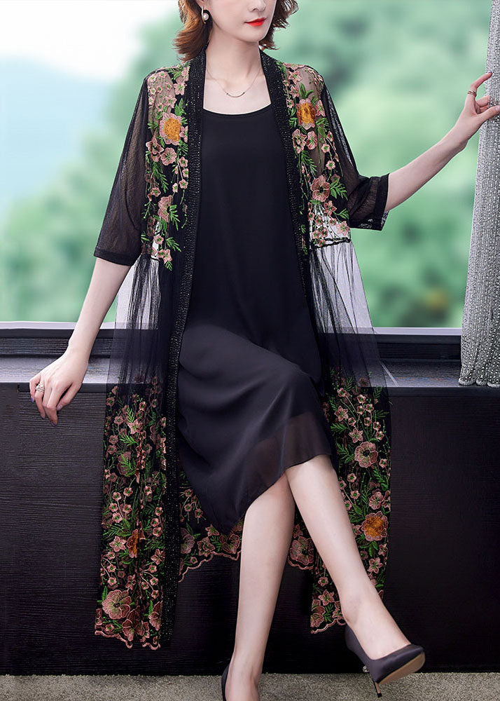 Style Black Embroideried Patchwork False Two Pieces Tulle Cardigans Dresses Summer