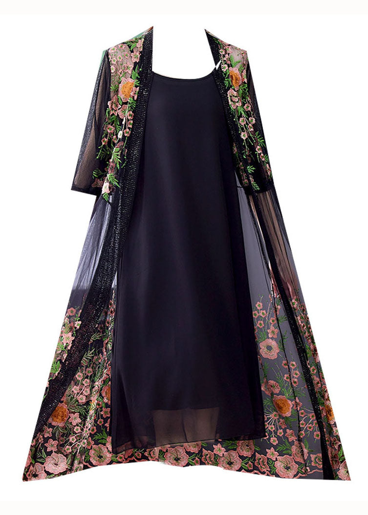 Style Black Embroideried Patchwork False Two Pieces Tulle Cardigans Dresses Summer