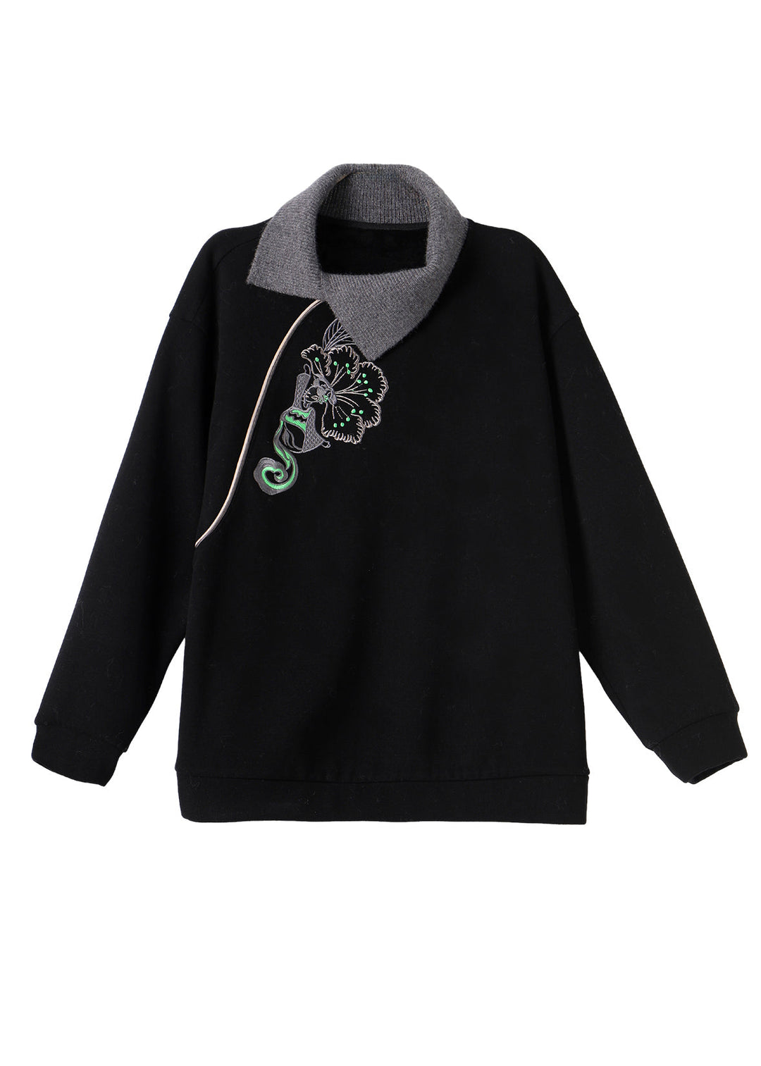 Style Black Embroideried Warm Fleece Tops Spring