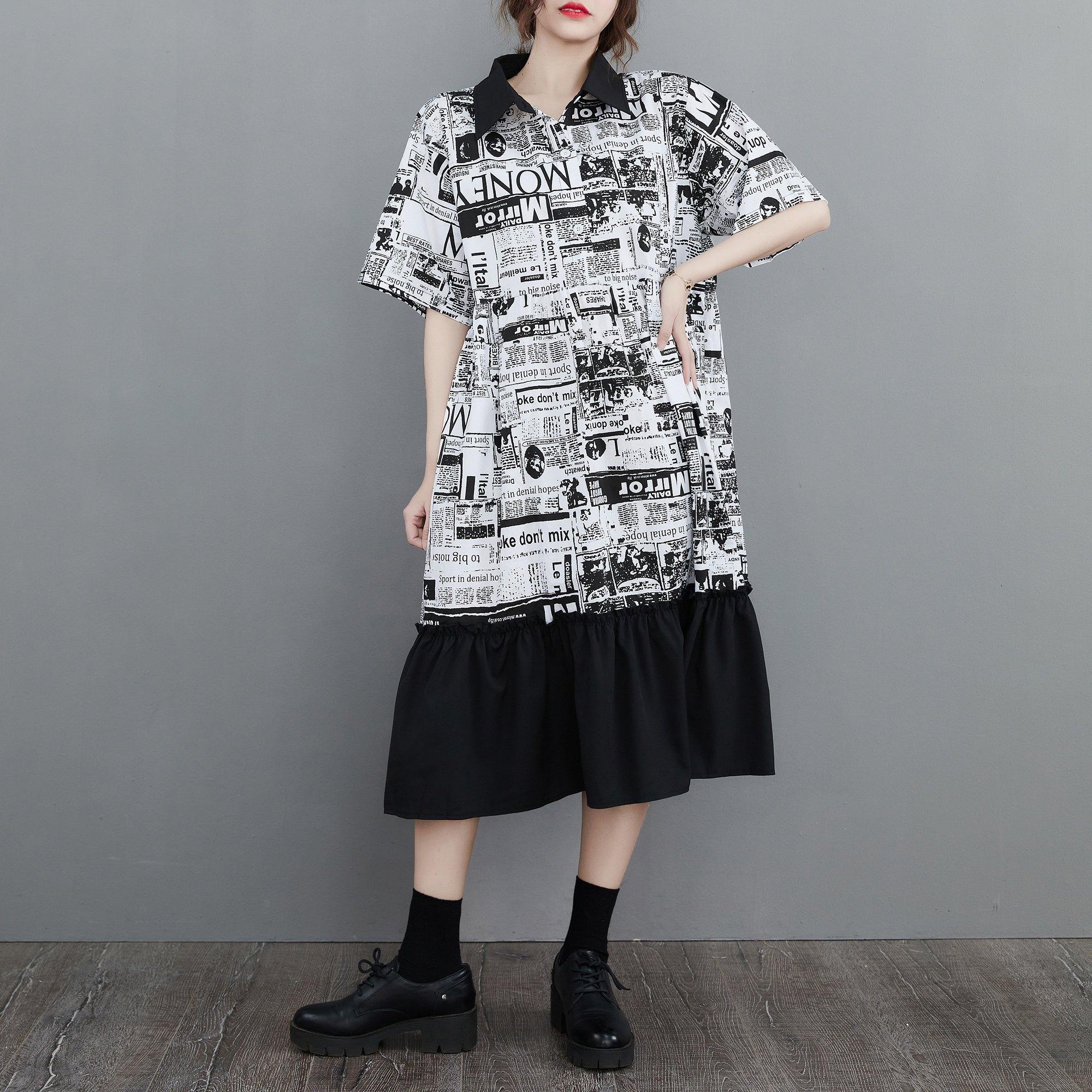 Style Black Graphic Patchwork Party Summer Cotton Dress - Omychic