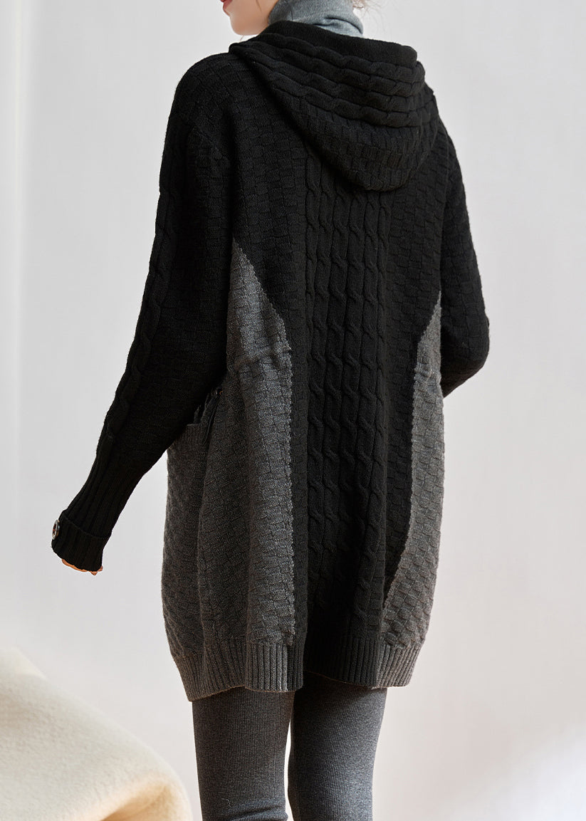 Style Black Hooded Patchwork Knit Pullover Dress Winter