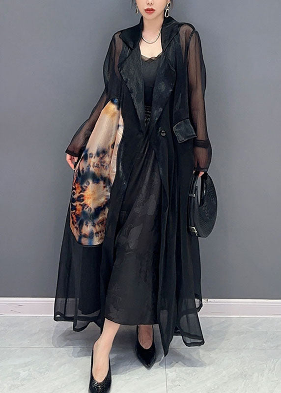 Style Black Notched Patchwork Button Long Tulle Cardigan Fall