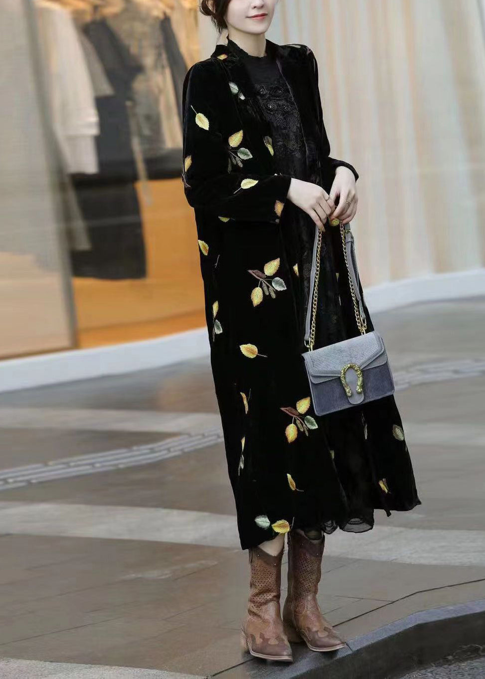 Style Black Notched Print Silk Velour Long Trench Coats Long Sleeve