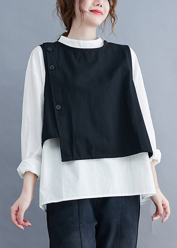 Style Black O-Neck Button Asymmetrical Vest White Shirt Two Piece Set Spring