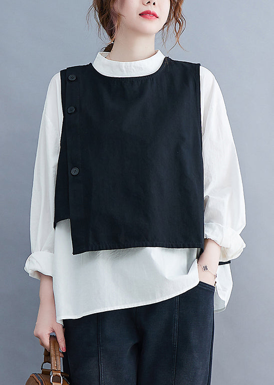 Style Black O-Neck Button Asymmetrical Vest White Shirt Two Piece Set Spring
