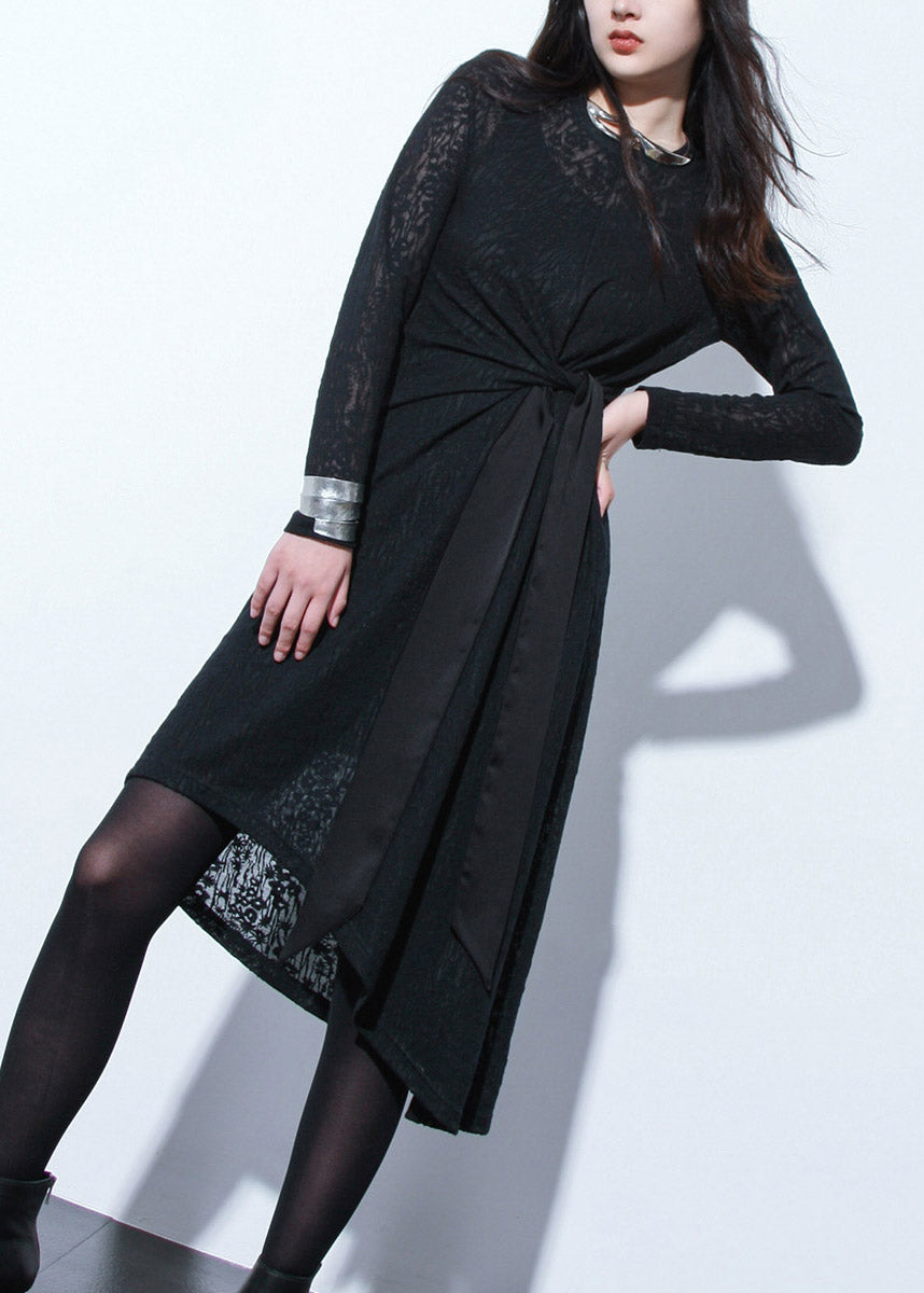 Style Black O-Neck Hollow Out Low High Design Lace Long Dress Long Sleeve