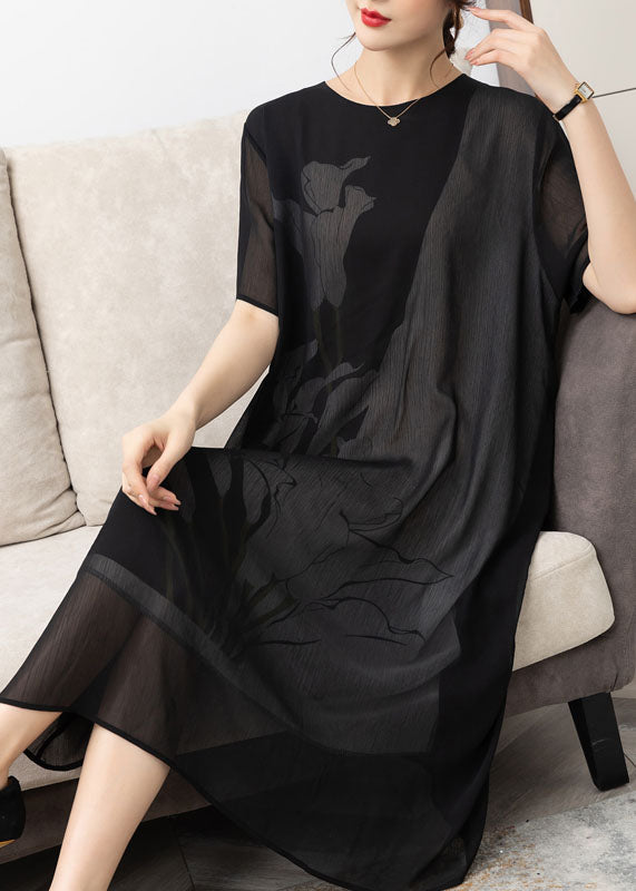 Style Black O Neck Print Patchwork Chiffon Dress Summer