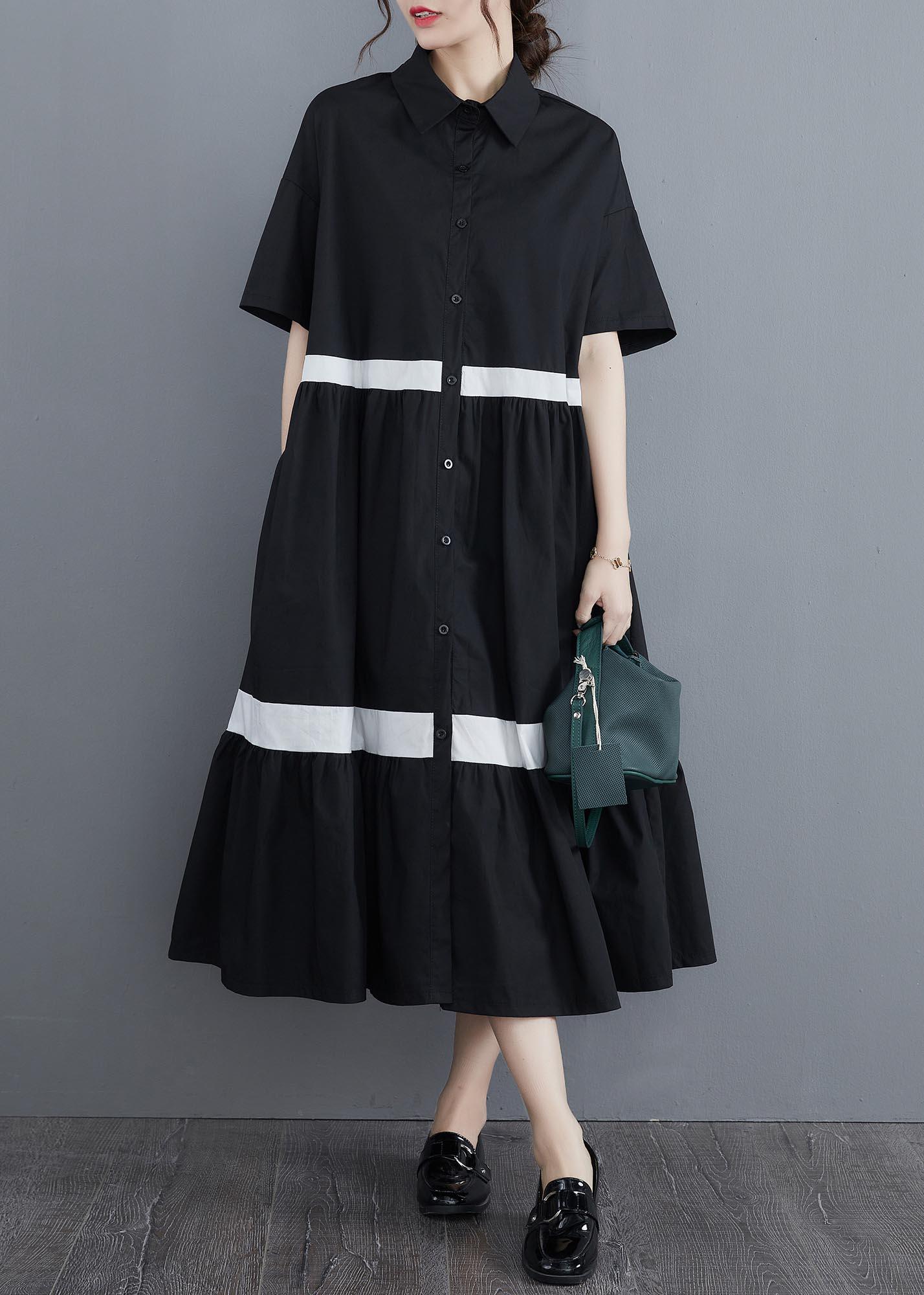 Style Black Patchwork Cotton Button Summer Vacation Dresses - Omychic